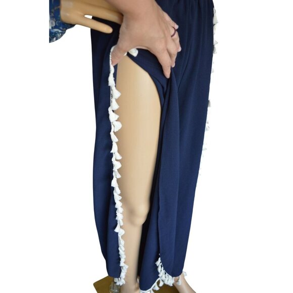 NWT Green Envelope Navy Blue Tulip Harmen Pants White Tassels Womens Small Boho - Picture 3 of 10